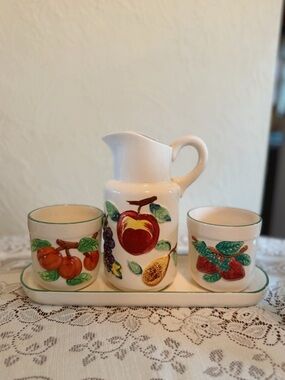 Hand-Painted Fruit Ceramic Pitcher Set - Cream with Red & Green Fruit Motifs